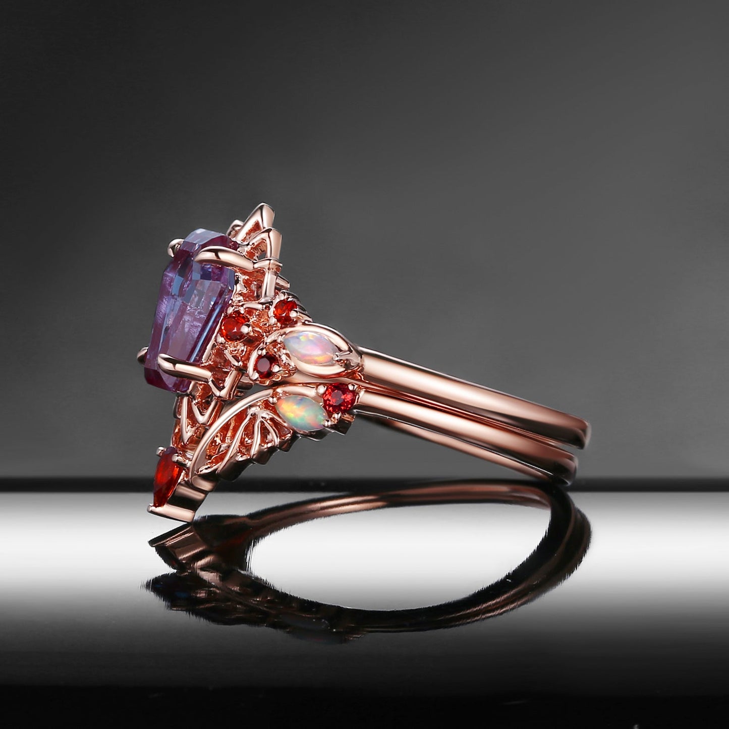 Gothic Coffin Shaped Lab Alexandrite Spider Inspired Engagement Ring Set 2pcs
