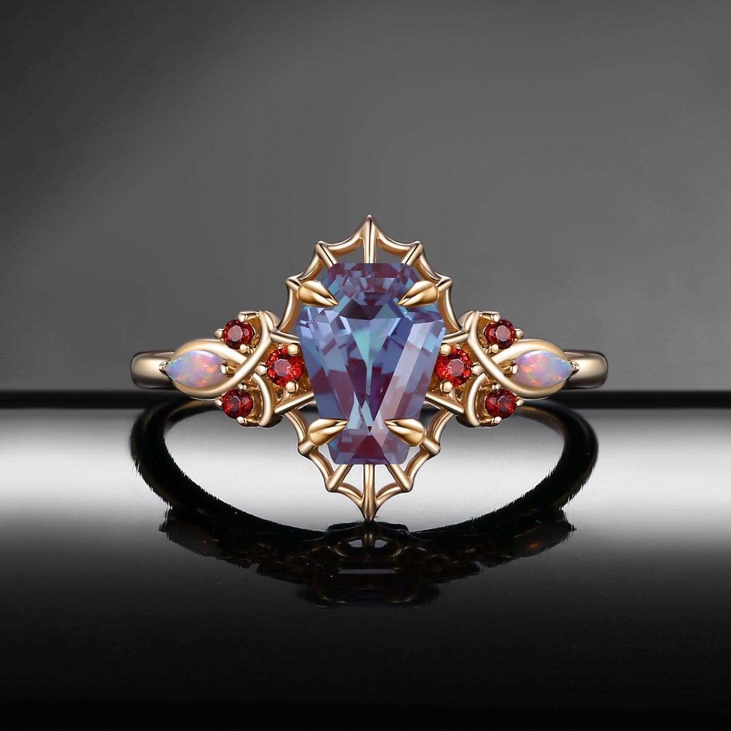 Gothic Coffin Cut Lab Alexandrite Spider Web Black Gold Engagement Ring