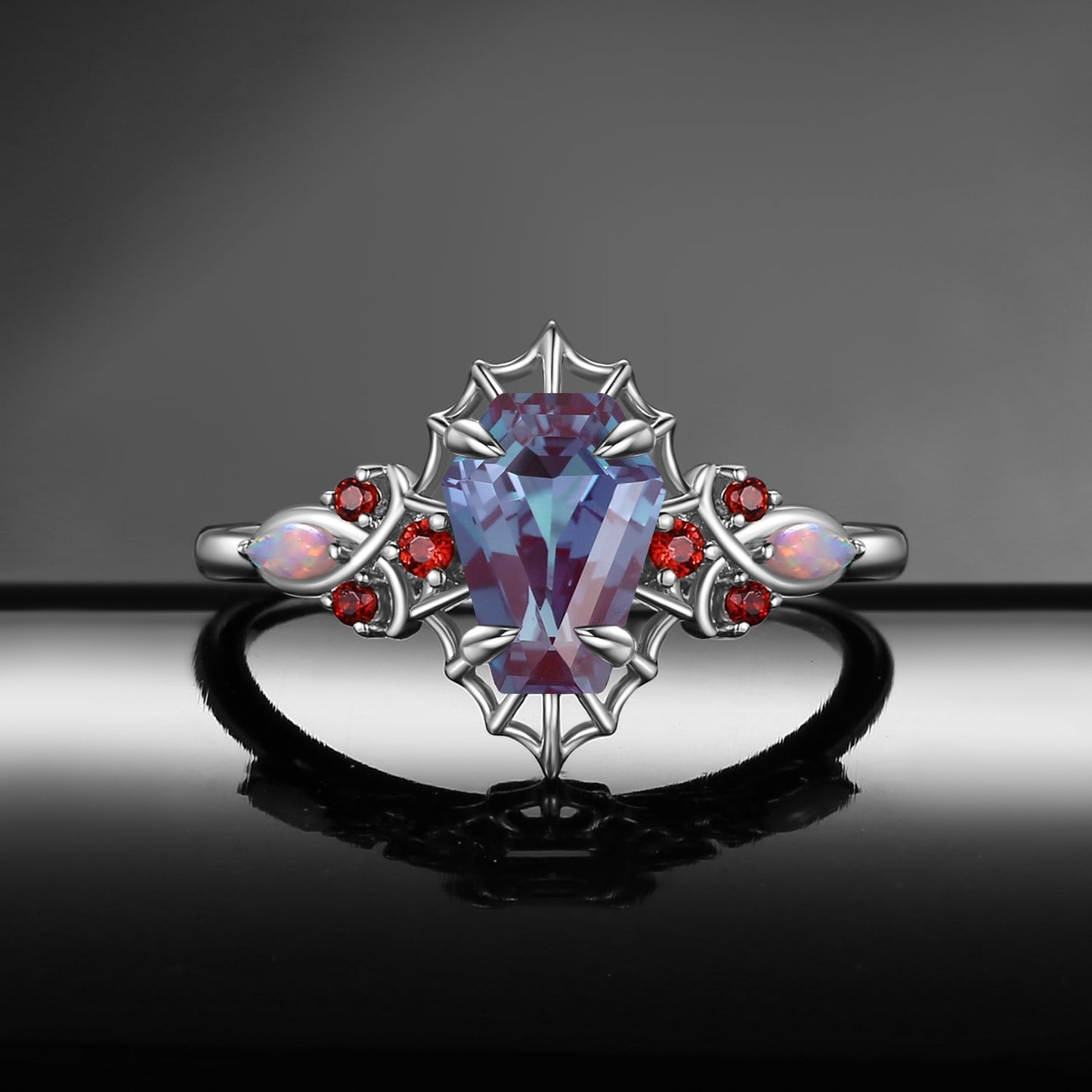 Gothic Coffin Cut Lab Alexandrite Spider Web Black Gold Engagement Ring