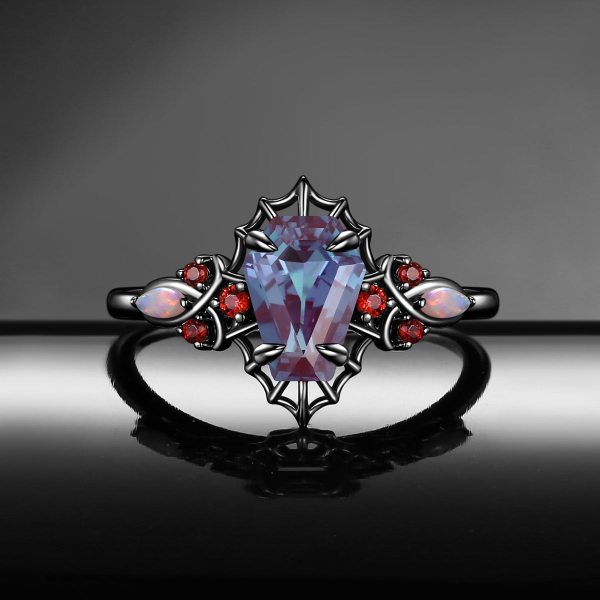 Gothic Coffin Cut Lab Alexandrite Spider Web Black Gold Engagement Ring