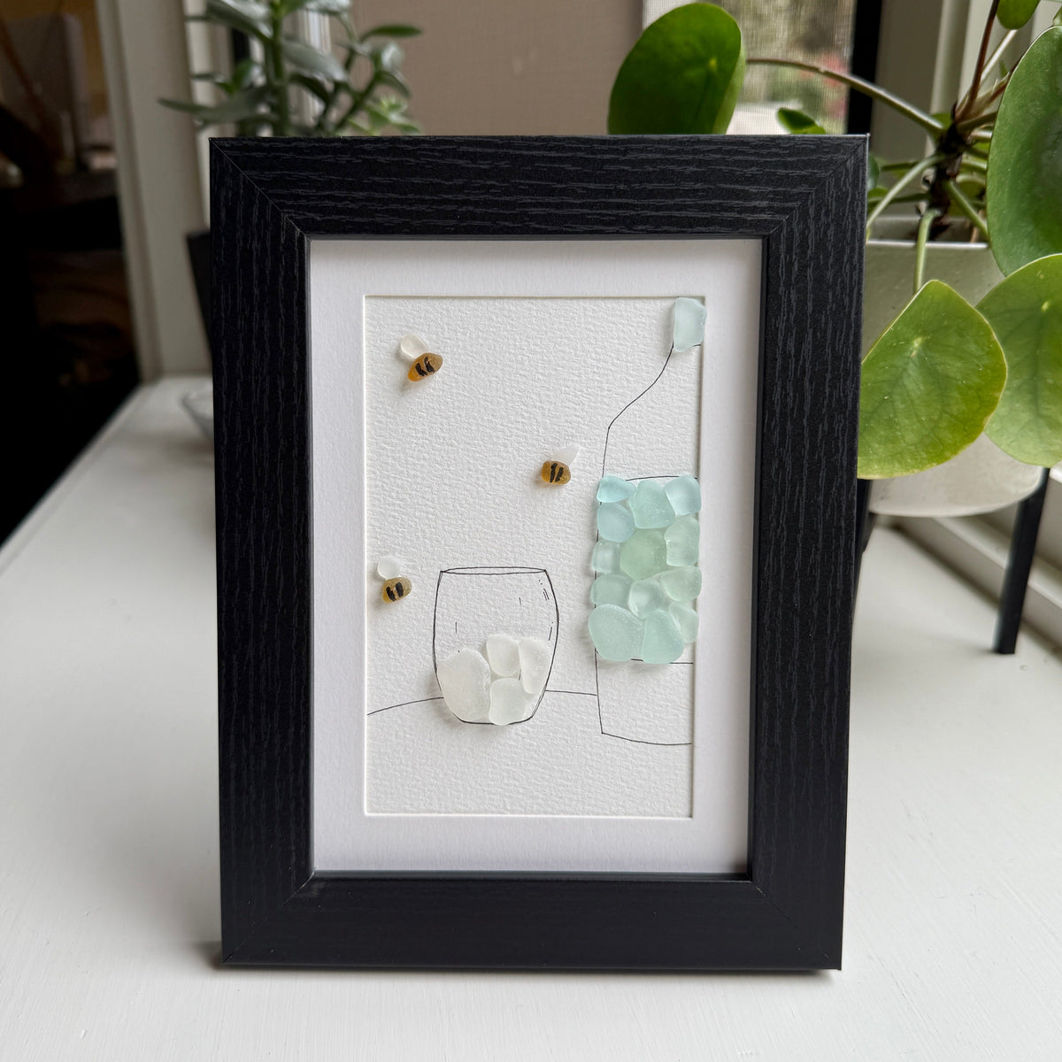 Sea Foam Wine Bistro Sea Glass Art| Framed Wall Art Bar Décor | Handmade Hostess Gift