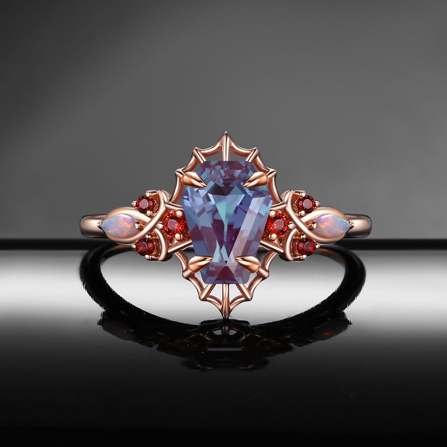 Gothic Coffin Cut Lab Alexandrite Spider Web Black Gold Engagement Ring