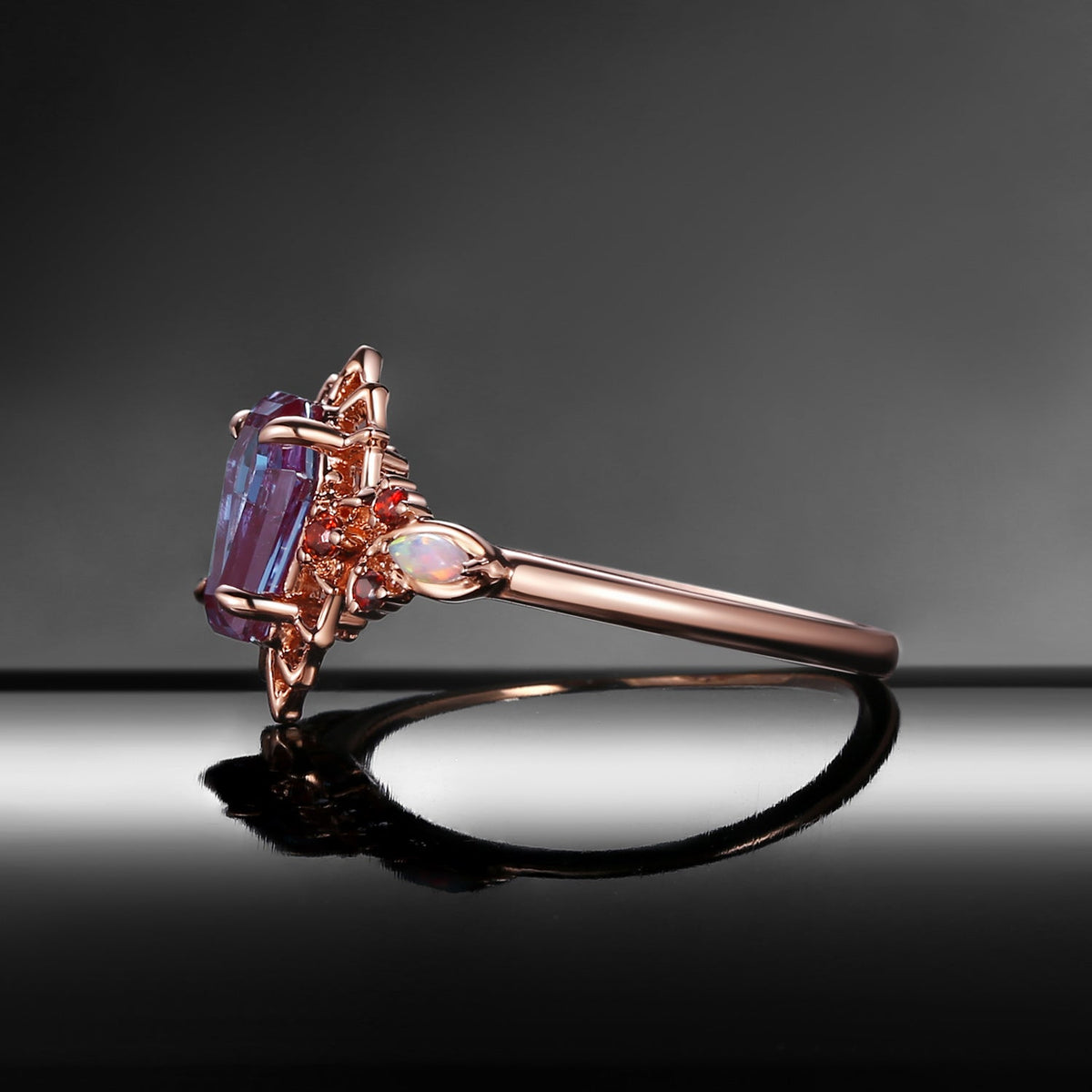 Gothic Coffin Cut Lab Alexandrite Spider Web Black Gold Engagement Ring