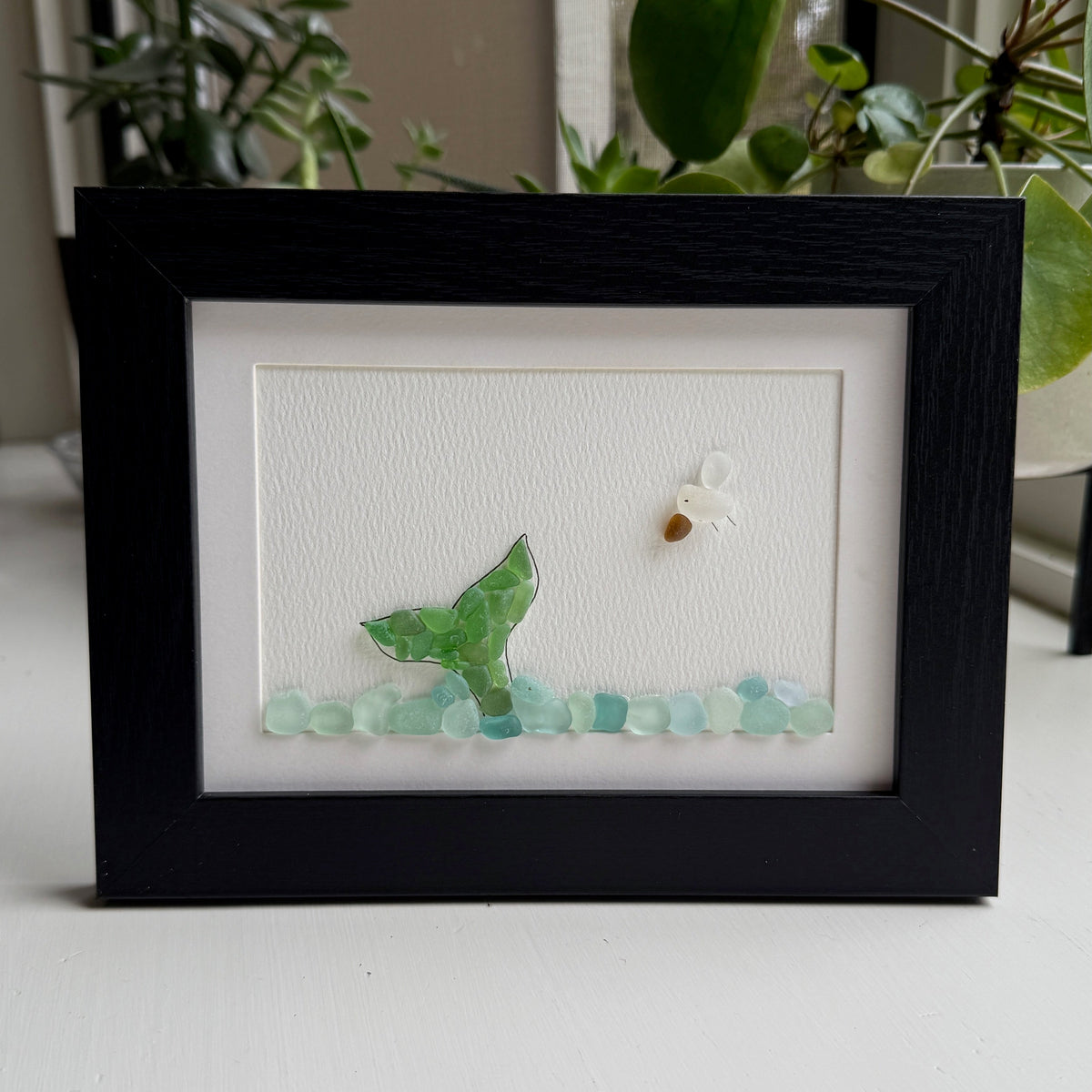 Green Whale Tail Sea Glass Art | 5x7 Framed Coastal Beach Theme Wall Art | Handcrafted Beach Gift