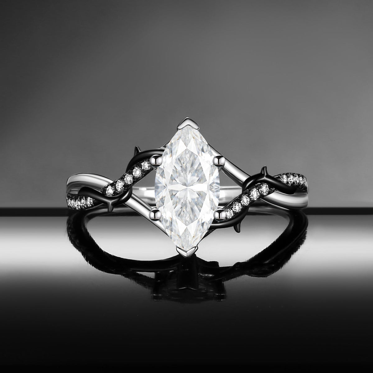 Thorns & Roses - Nature Inspired Marquise Moissanite Two-Tone Engagement Ring with Twisted Vine Band