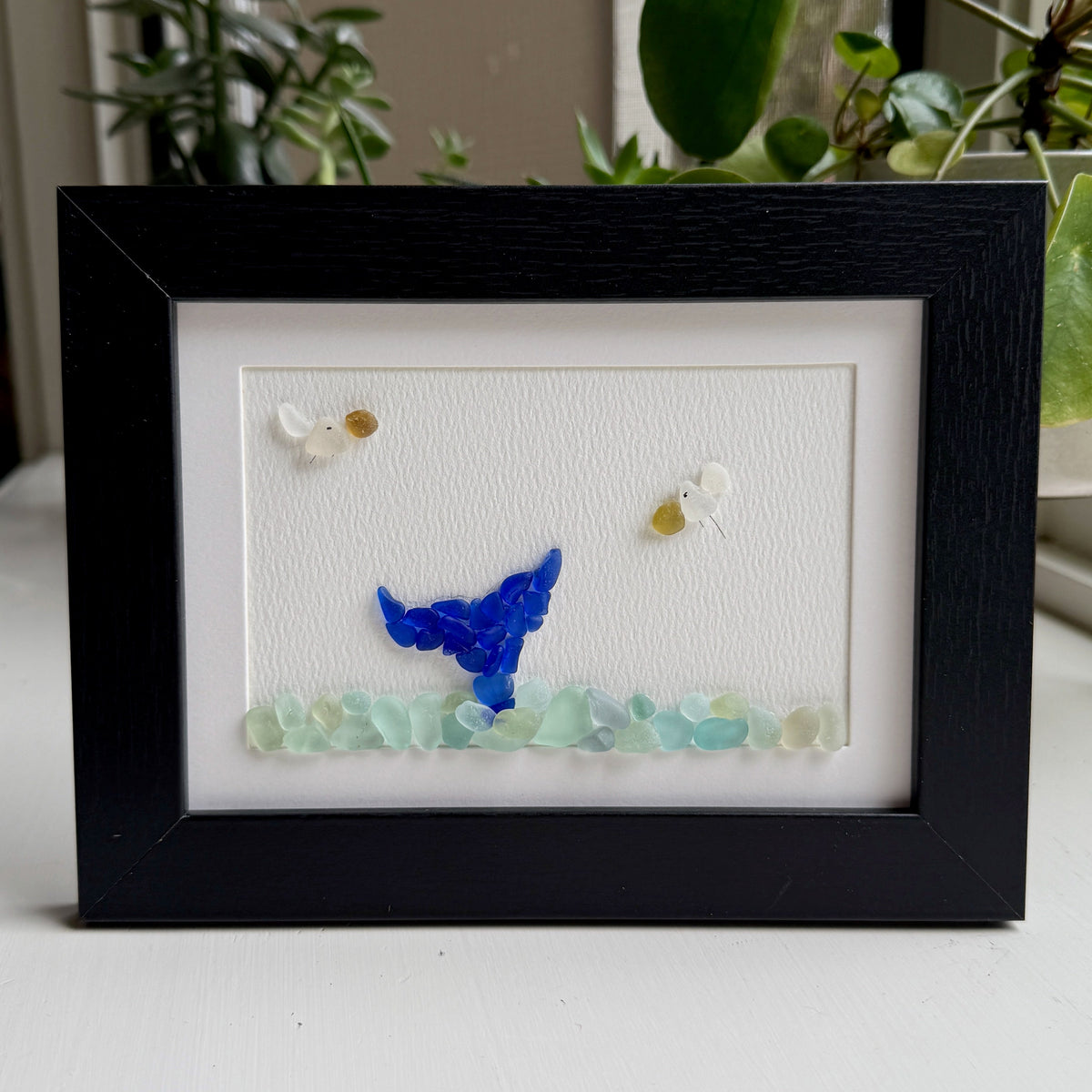 Blue Whale Tail Sea Glass Art | 5x7 Framed Coastal Beach Theme Wall Art | Handcrafted Beach Gift