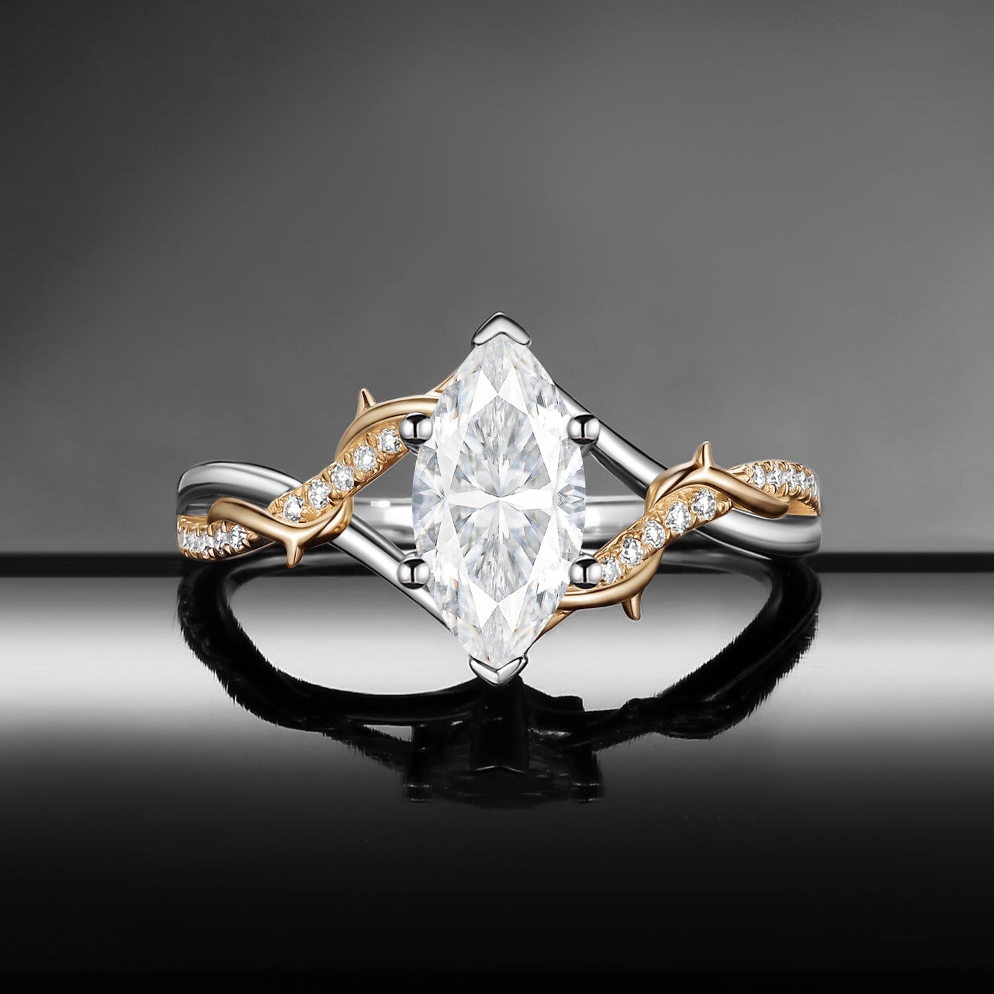 Thorns & Roses - Nature Inspired Marquise Moissanite Two-Tone Engagement Ring with Twisted Vine Band