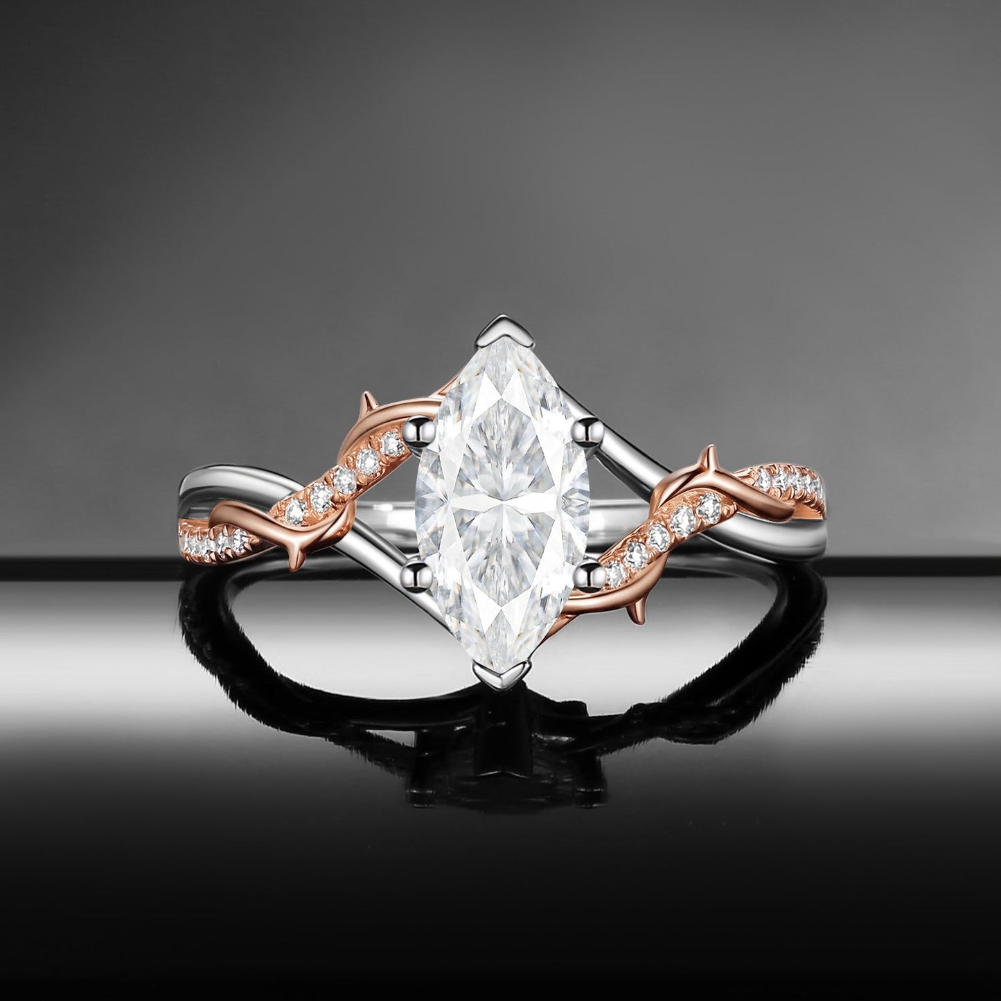 Thorns & Roses - Nature Inspired Marquise Moissanite Two-Tone Engagement Ring with Twisted Vine Band