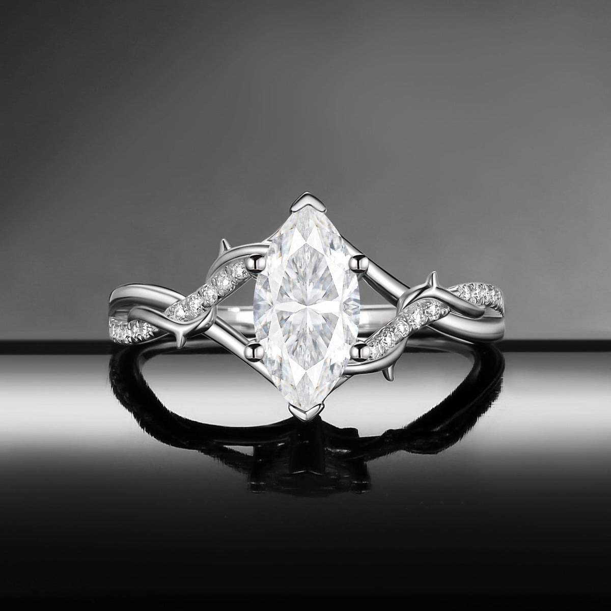 Thorns & Roses - Nature Inspired Marquise Moissanite Two-Tone Engagement Ring with Twisted Vine Band