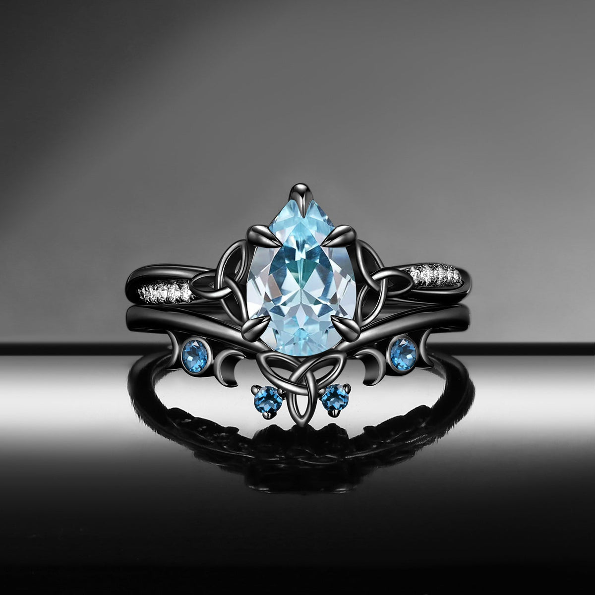 Celtic Moon - Celtic Inspired Pear Cut Natural Aquamarine Engagement Ring Set