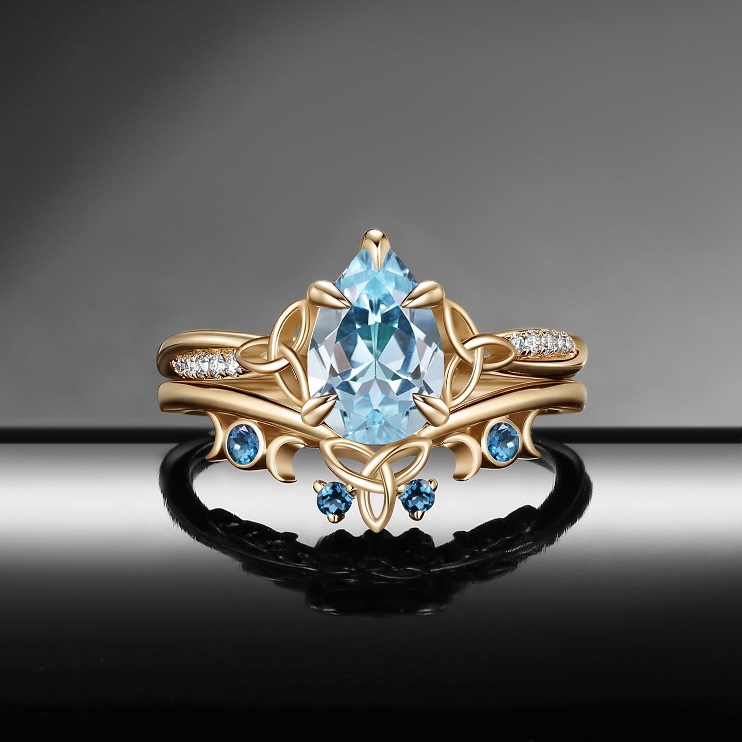 Celtic Moon - Celtic Inspired Pear Cut Natural Aquamarine Engagement Ring Set