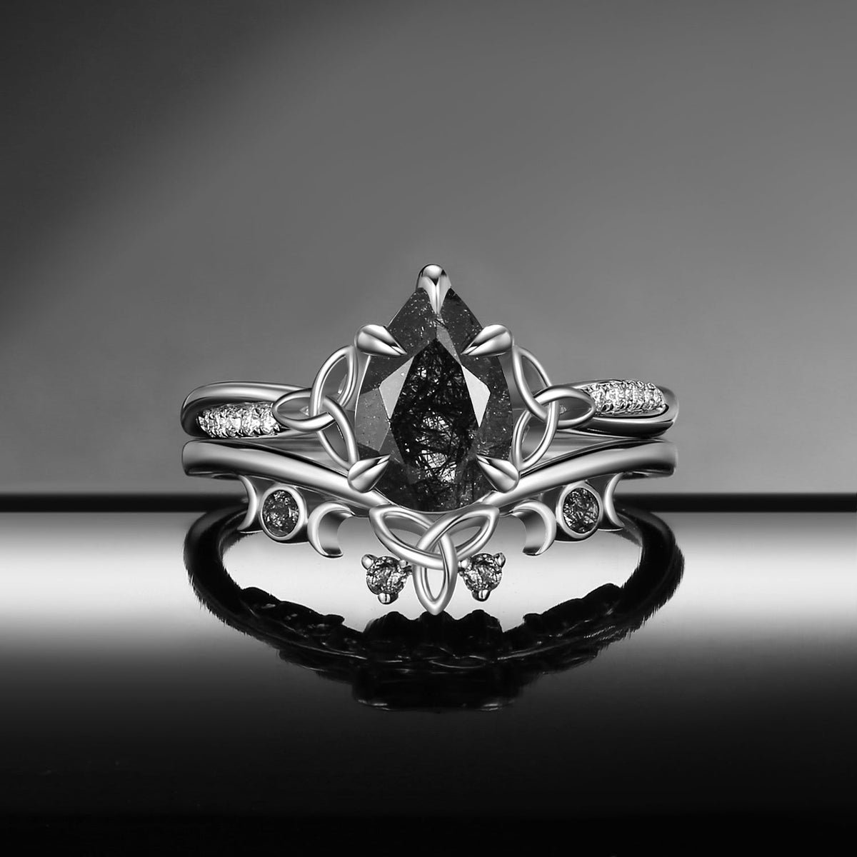 Celtic Moon - Pear Cut Celtic Inspired Black Rutilated Quartz Engagement Ring Set