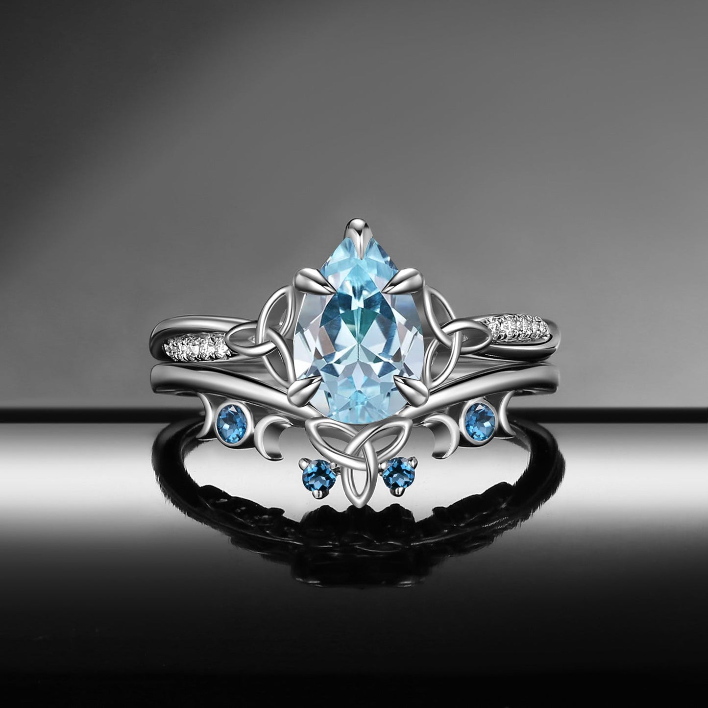 Celtic Moon - Celtic Inspired Pear Cut Natural Aquamarine Engagement Ring Set