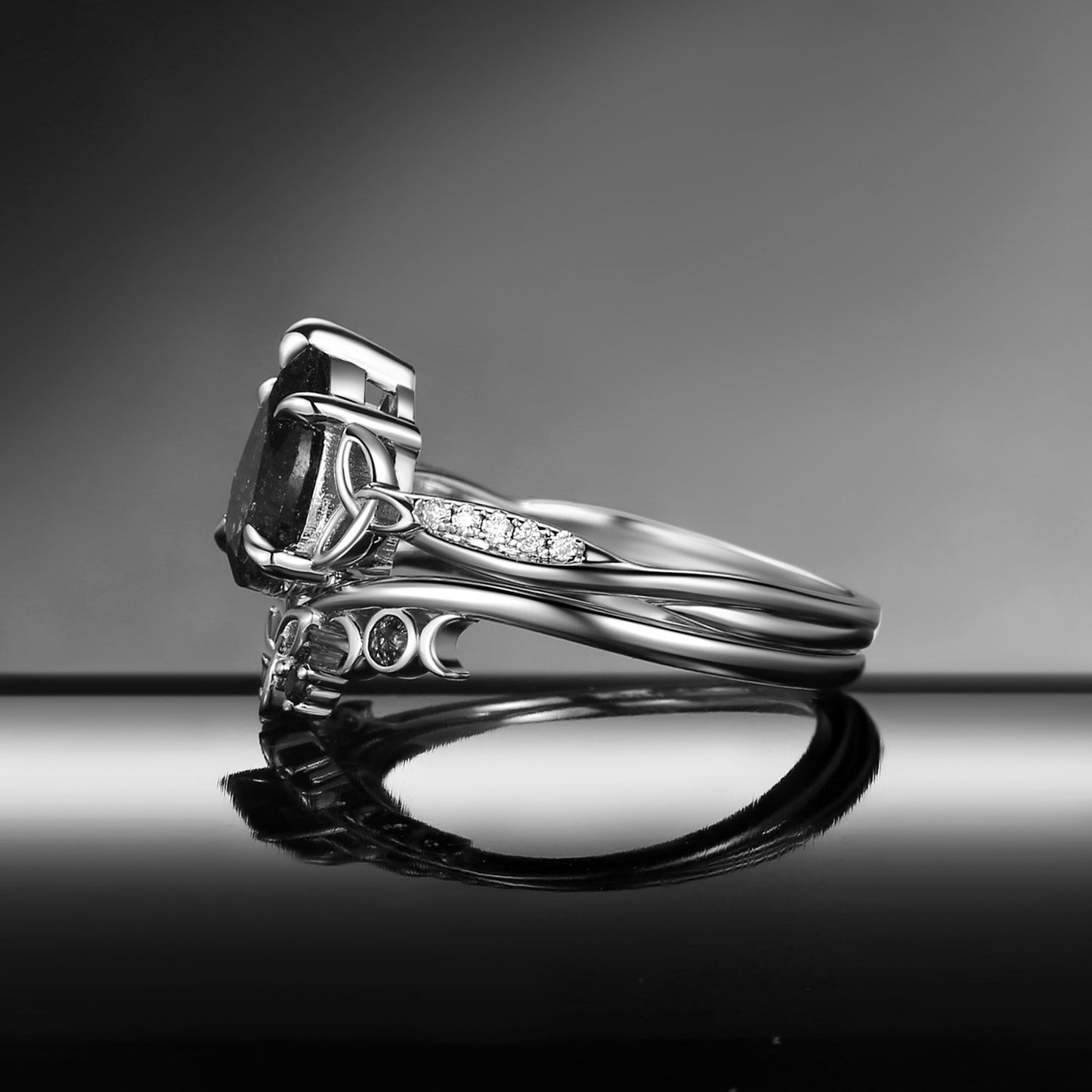 Celtic Moon - Pear Cut Celtic Inspired Black Rutilated Quartz Engagement Ring Set