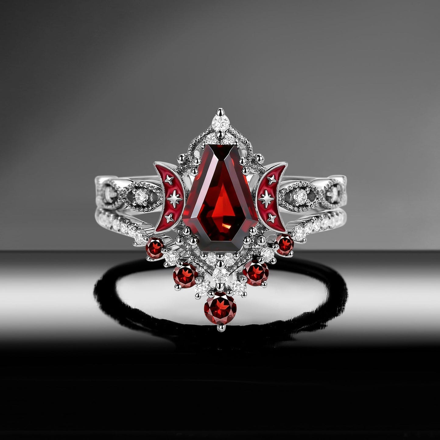 Crescent Moon | Coffin Cut Garnet Red Enamel 'Ultra Celestial' Ring Set 2pcs