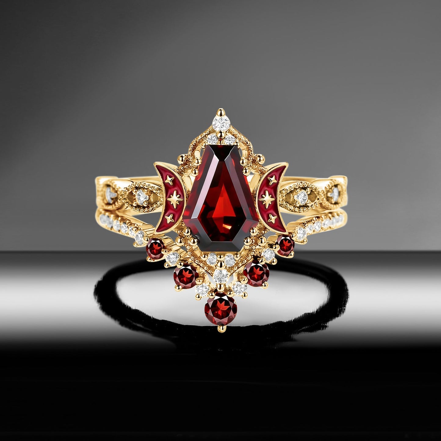 Crescent Moon | Coffin Cut Garnet Red Enamel 'Ultra Celestial' Ring Set 2pcs