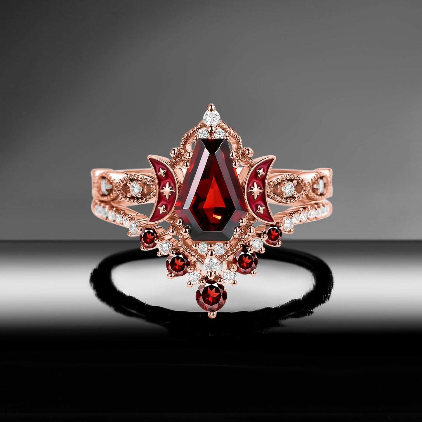 Crescent Moon | Coffin Cut Garnet Red Enamel 'Ultra Celestial' Ring Set 2pcs
