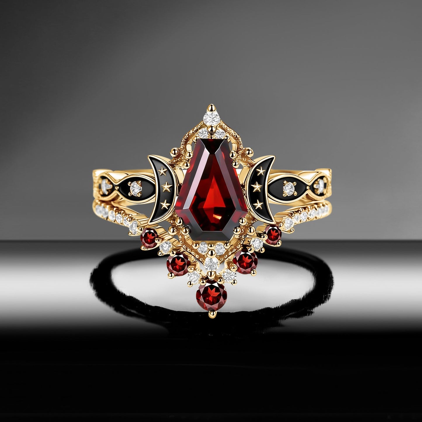 Crescent Moon | Coffin Cut Garnet Black Enamel 'Ultra Celestial' Ring Set 2pcs