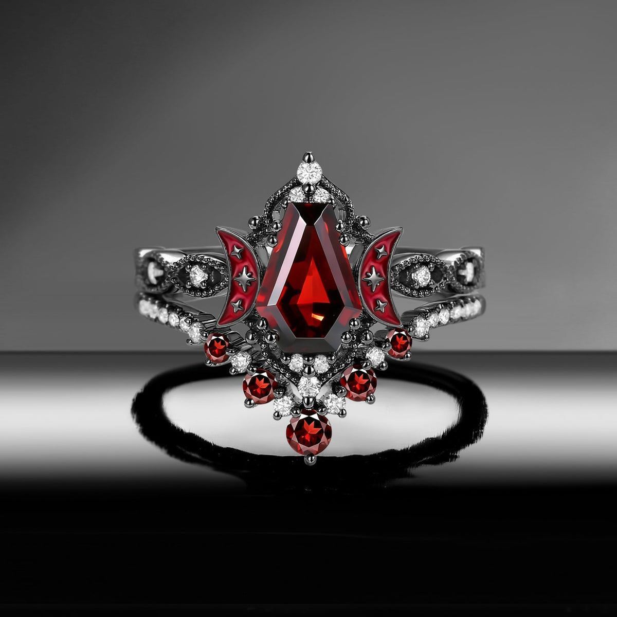 Crescent Moon | Coffin Cut Garnet Red Enamel 'Ultra Celestial' Ring Set 2pcs