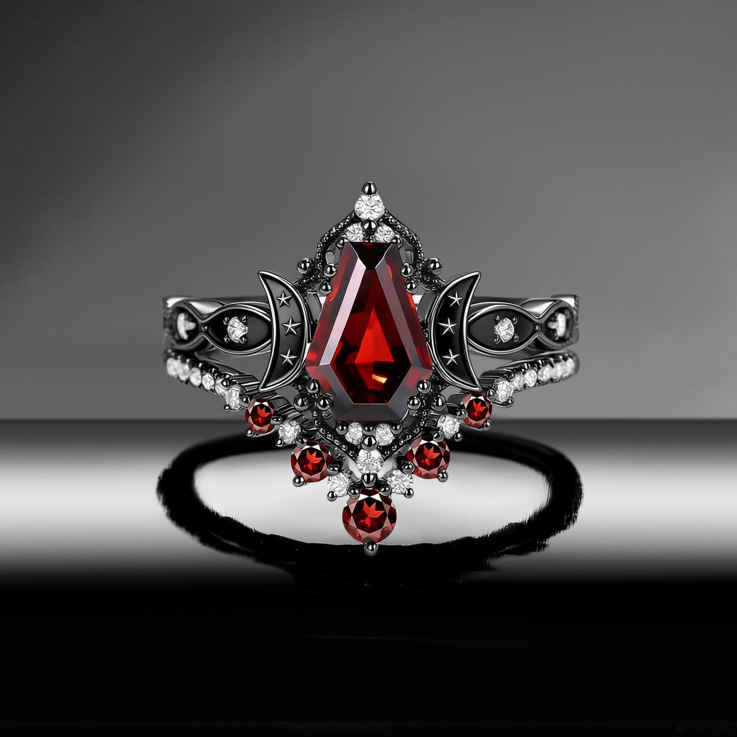 Crescent Moon | Coffin Cut Garnet Black Enamel 'Ultra Celestial' Ring Set 2pcs