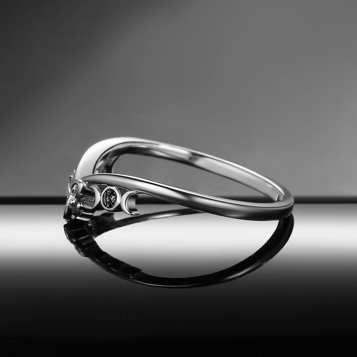 Celtic Moon - Unique Inspired Black Rutilated Quartz Chevron Wedding Band