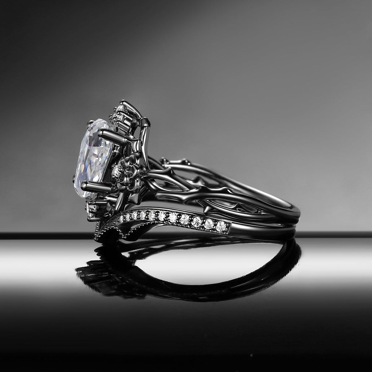Garden Of Eden Nature Inspired ‘Thorns & Roses’ Gothic Coffin Cut Moissanite Black Gold Engagement Ring Set 2pcs