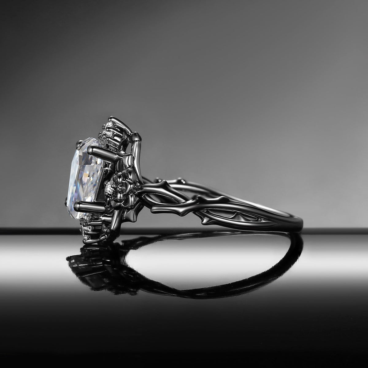 Garden Of Eden Nature Inspired ‘Thorns & Roses’ Gothic Coffin Cut Moissanite Black Gold Engagement Ring