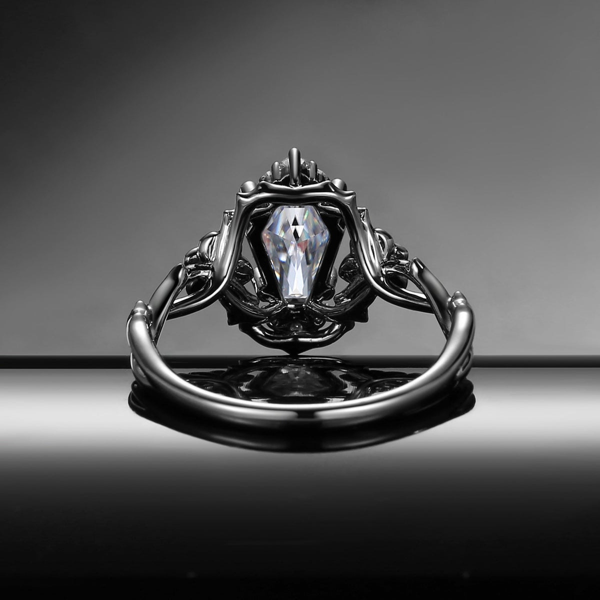 Garden Of Eden Nature Inspired ‘Thorns & Roses’ Gothic Coffin Cut Moissanite Black Gold Engagement Ring