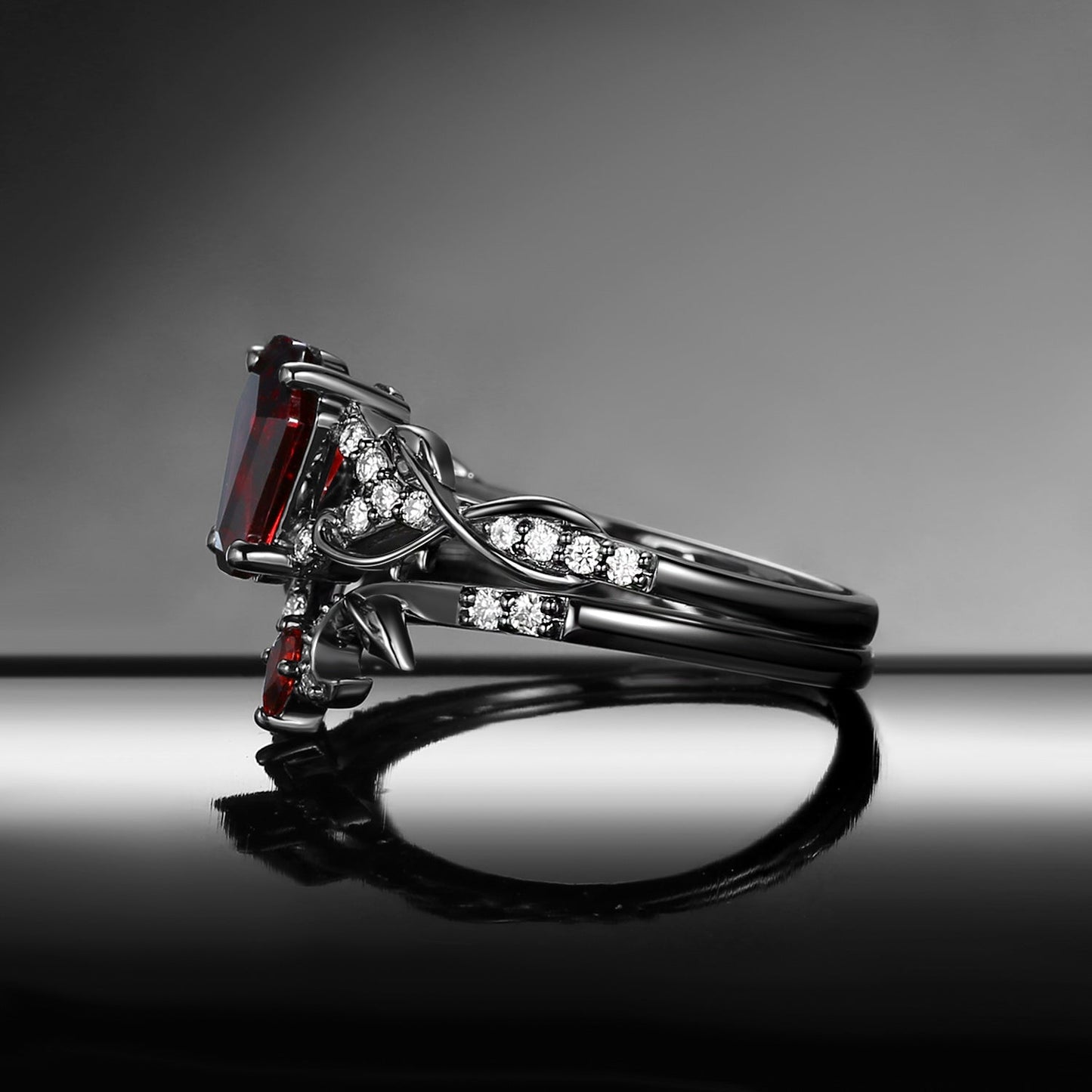 Gothic 'Thorns & Roses' Coffin Shaped Garnet Nature Inspired Engagement Ring Set 2pcs