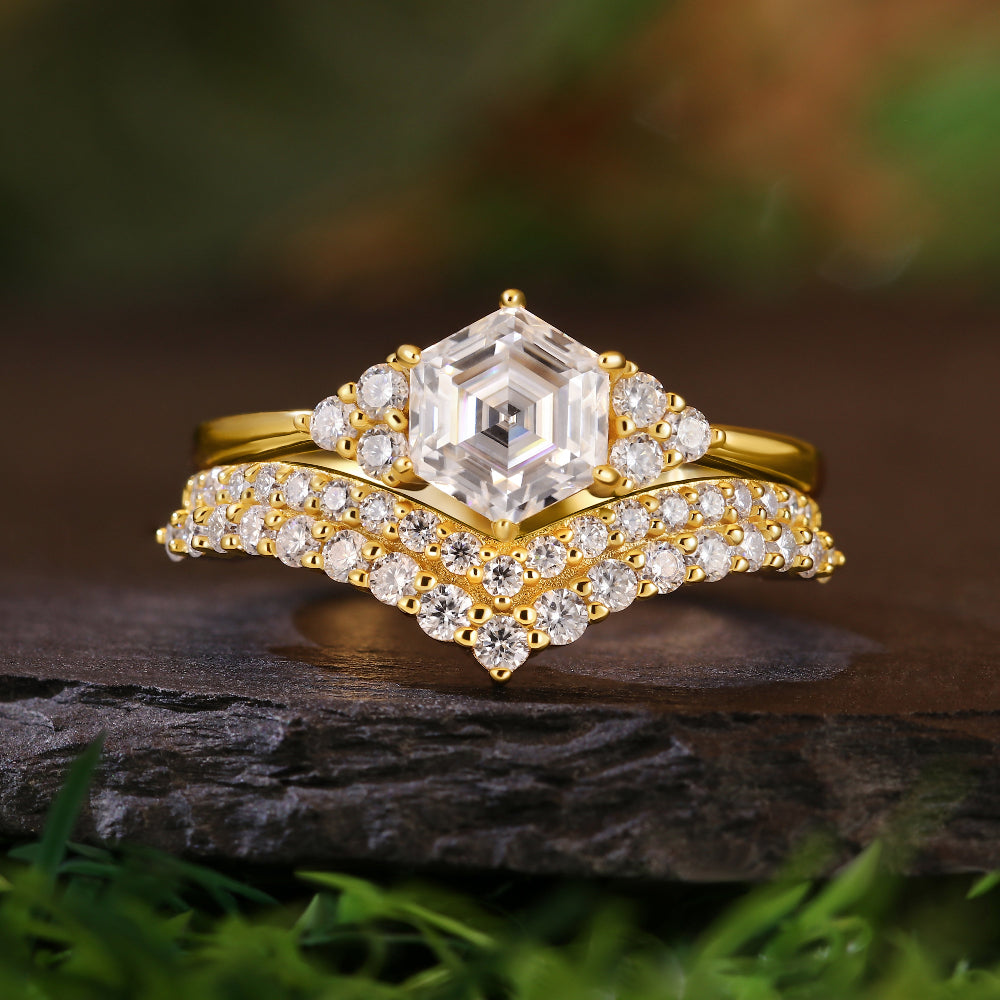 Vintage Unique 1.67ct Hexagon Cut Moissanite Bridal Ring Set