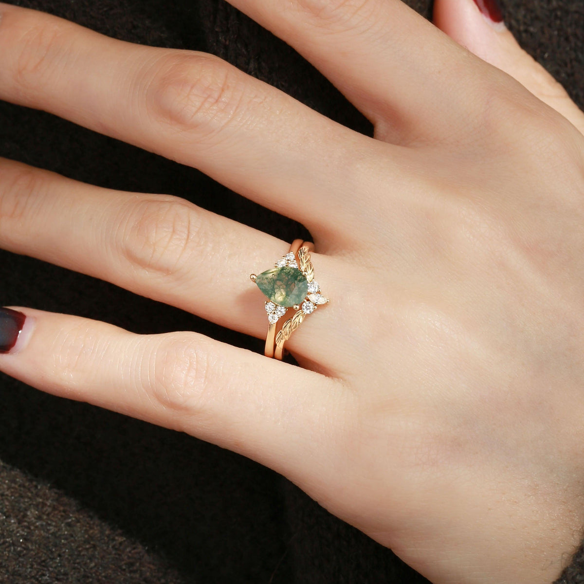 Mirabel’s Idyll | Unique Moss Agate Leaf Engagement Ring Set 2pcs