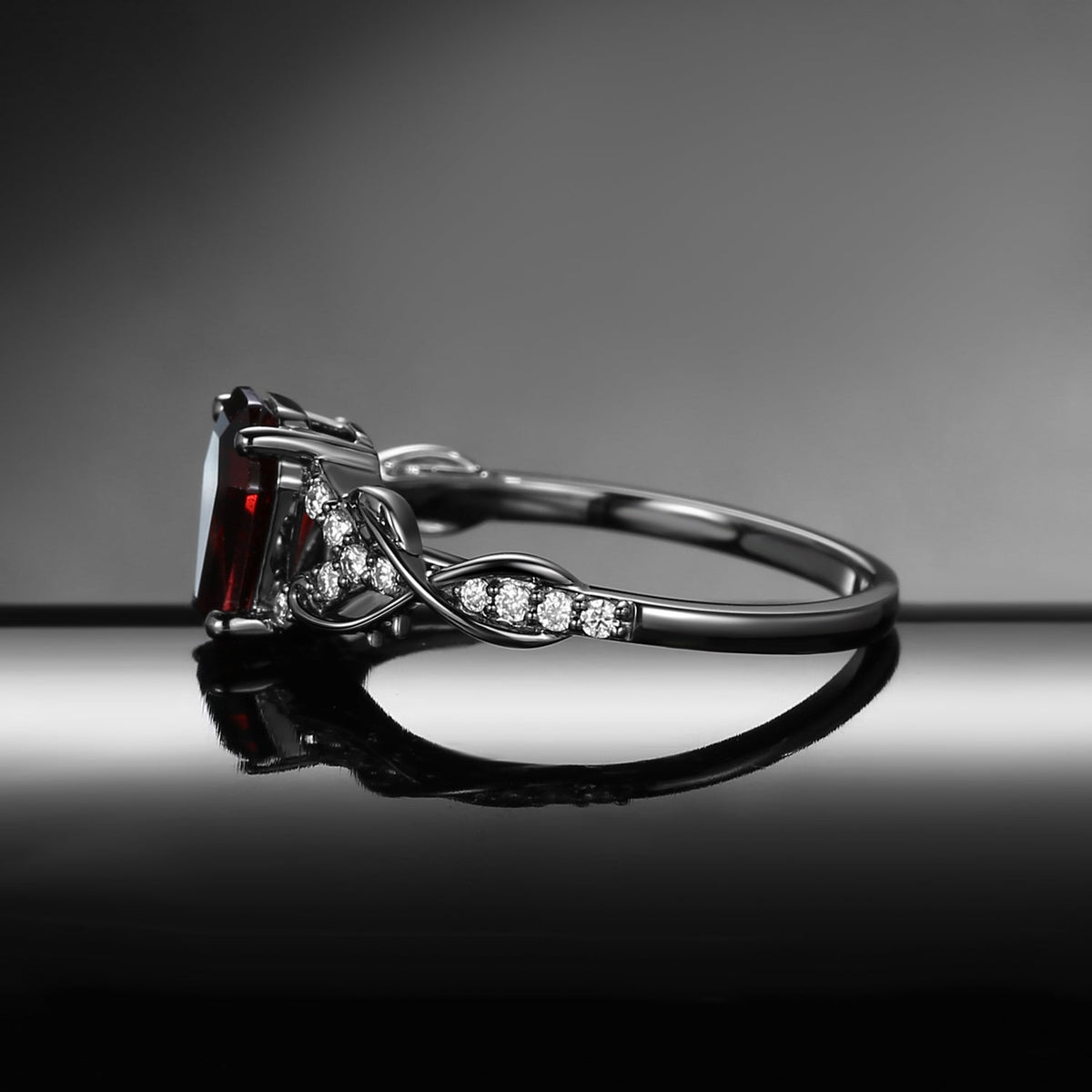 Gothic 'Thorns & Roses' Coffin Shaped Garnet Nature Inspired Split Engagement Ring