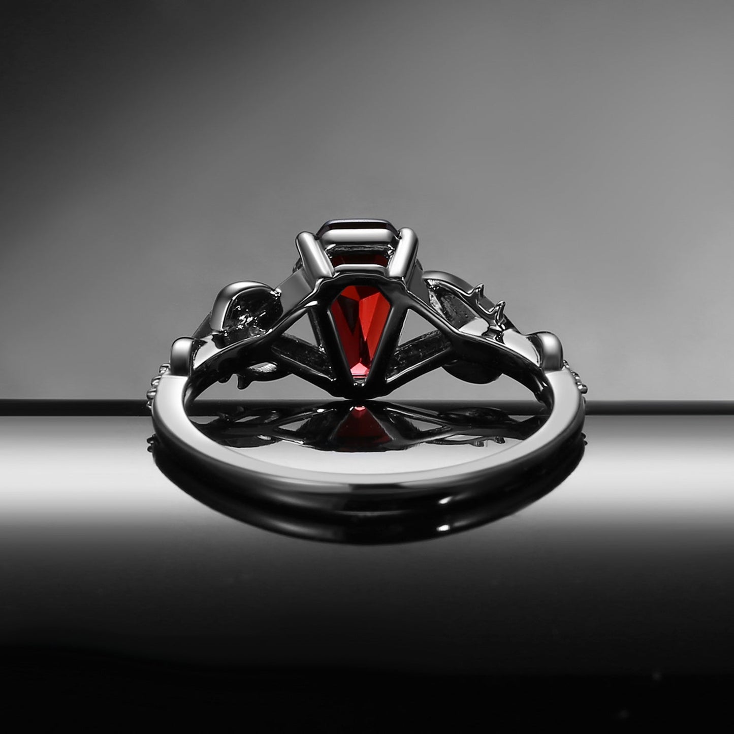 Gothic 'Thorns & Roses' Coffin Shaped Garnet Nature Inspired Split Engagement Ring