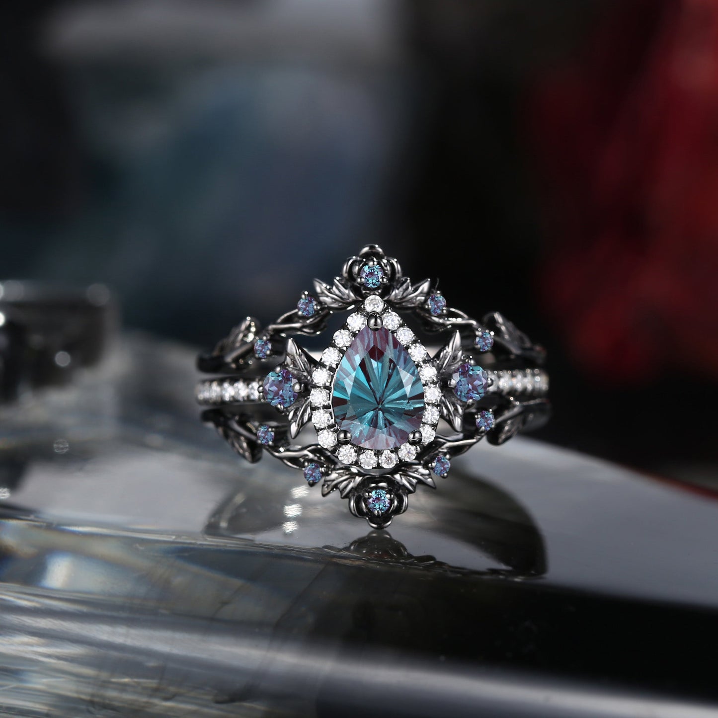 Nature Inspired Firwork Cut Pear Lab Alexandrite 'Thorns & Roses' Halo Engagement Ring Set 3pcs
