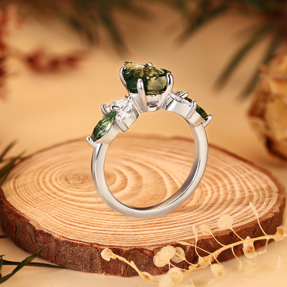 Nature Inspired 8x12mm Kite Cut Moss Agate Engagement Ring Forest Leaf Design