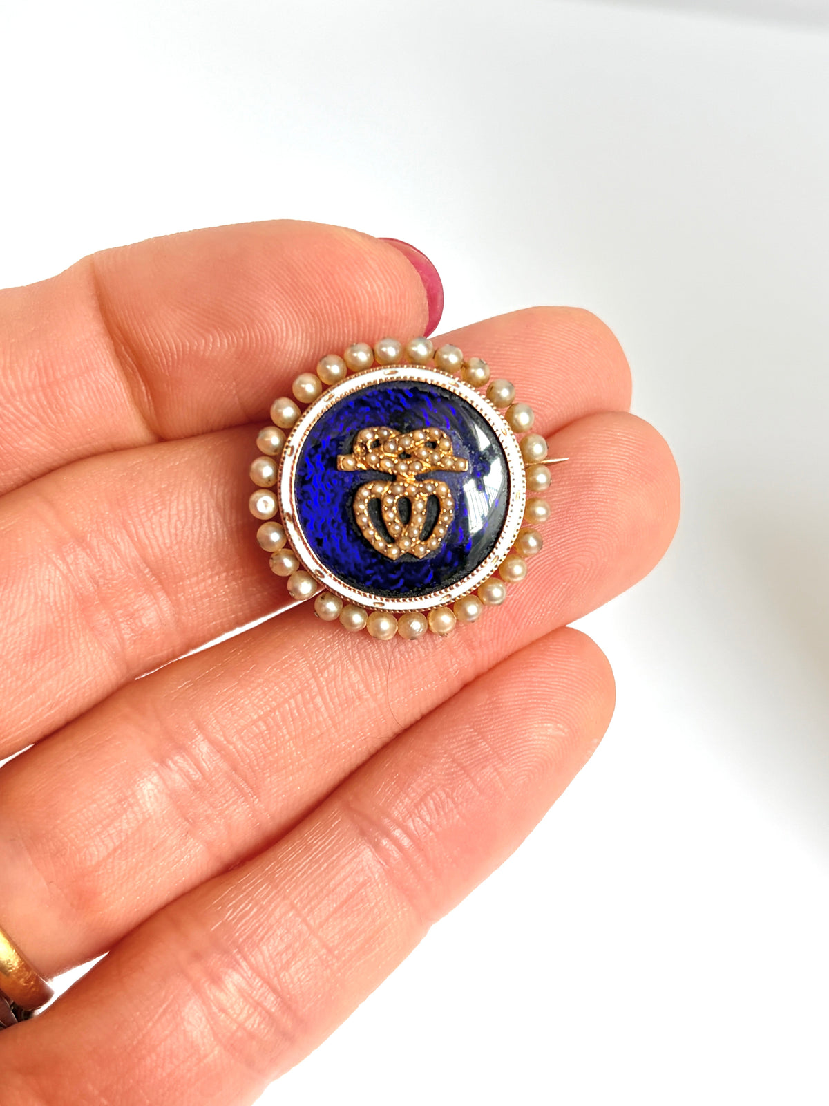 Antique Georgian, 15ct Gold and Bristol Blue Glass Double Heart Brooch / Pin