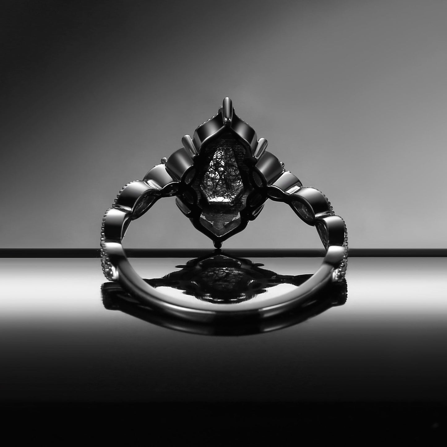 Vintage Inspired Coffin Cut Black Rutilated Quartz Celtic Engagement Ring
