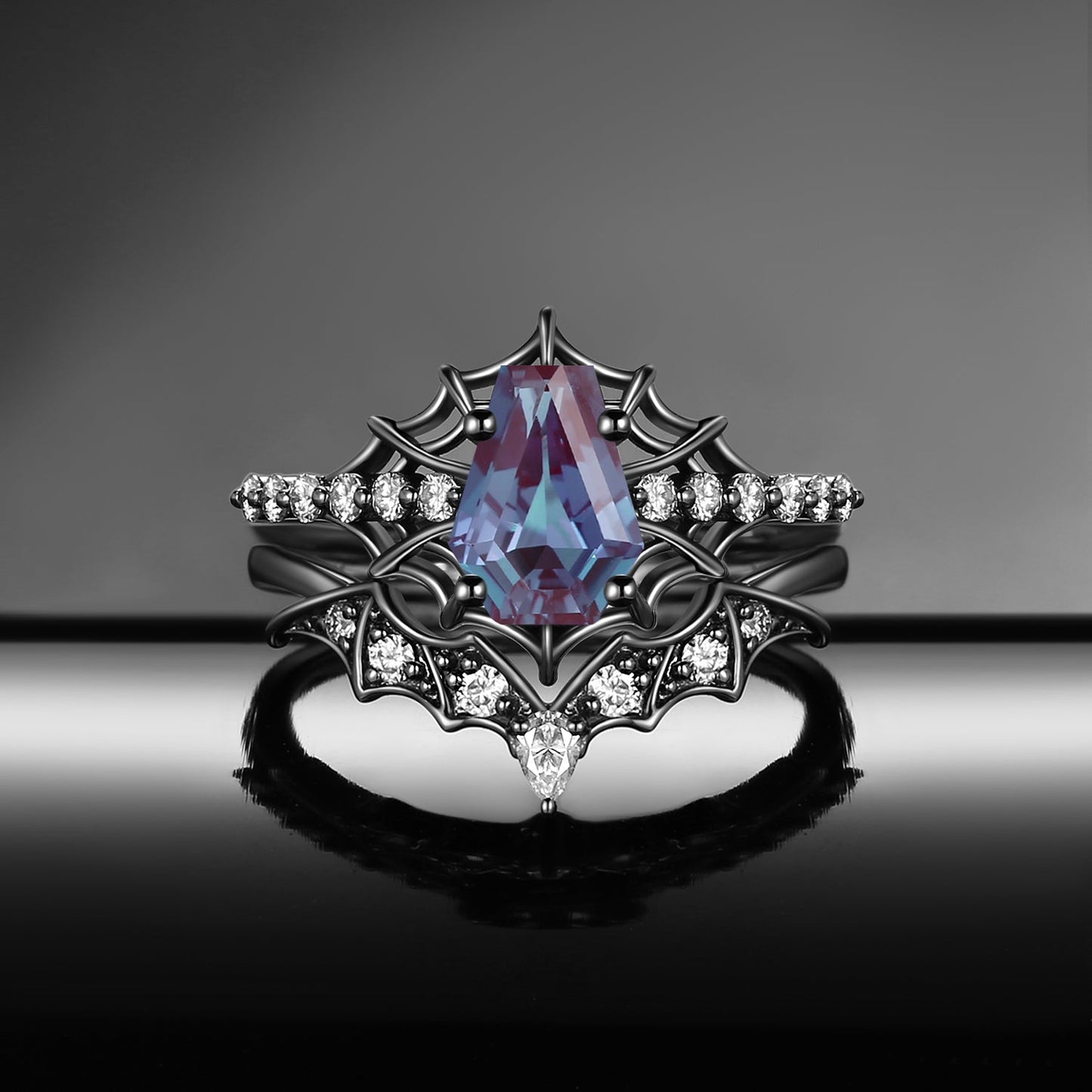 Gothic Inspired Coffin Lab Alexandrite Spider Web Black Gold Engagement Ring Set 2pcs