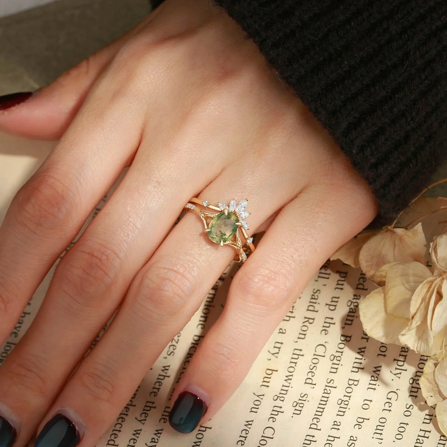 Zinnia’s Meadow | Oval Cut Moss Agate Leafy Gold Couple Ring Set 3pcs