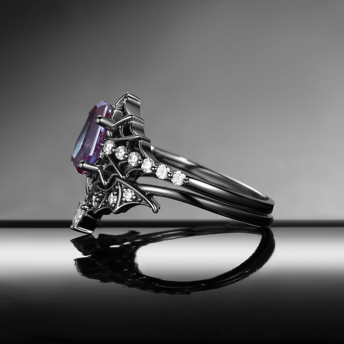 Gothic Inspired Coffin Lab Alexandrite Spider Web Black Gold Engagement Ring Set 2pcs