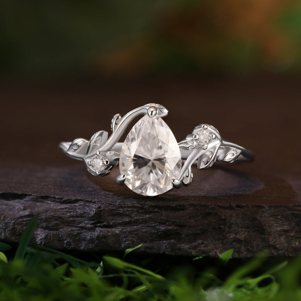1.36CT Pear Cut Moissanite Leaf Leaves Twig Nature Inspired Twisted Engagement Ring
