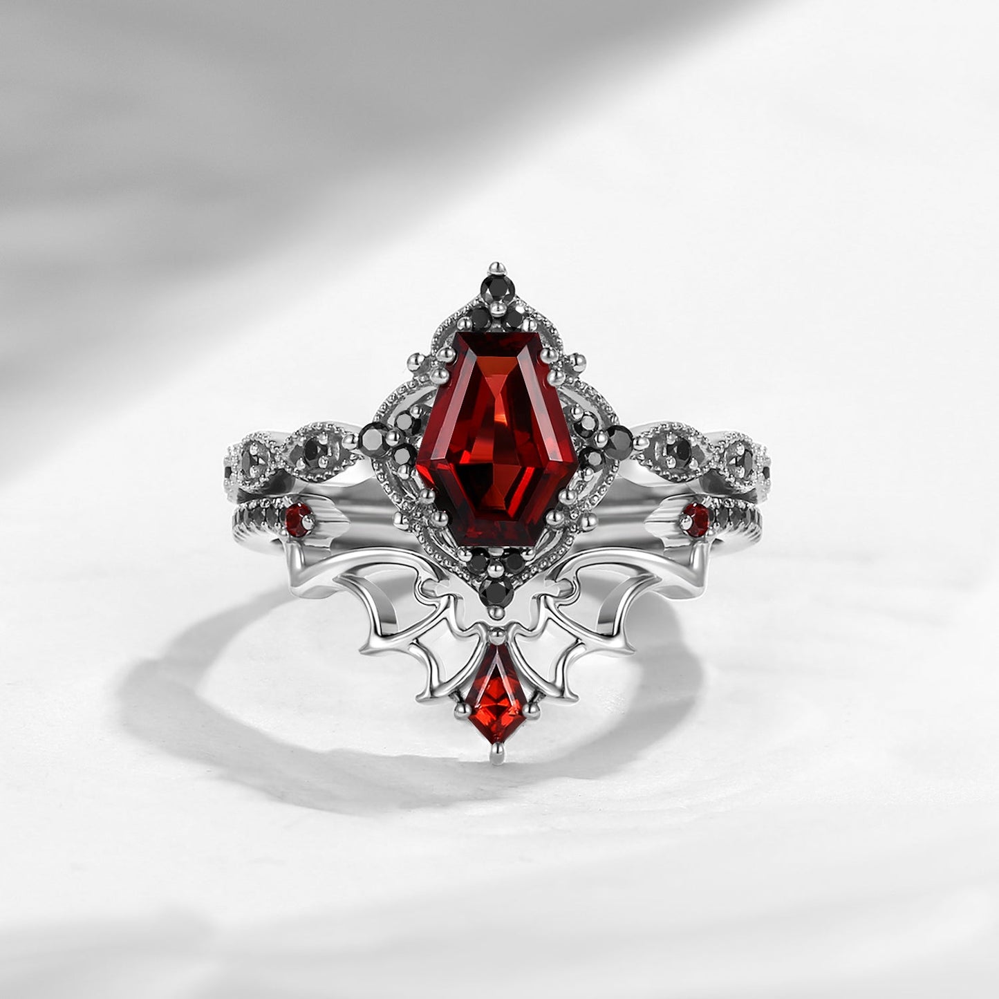 'Dark Romance' - Gothic Coffin Cut Garnet Engagement Ring Set with Bat Wings in Black Gold - Bat Ring