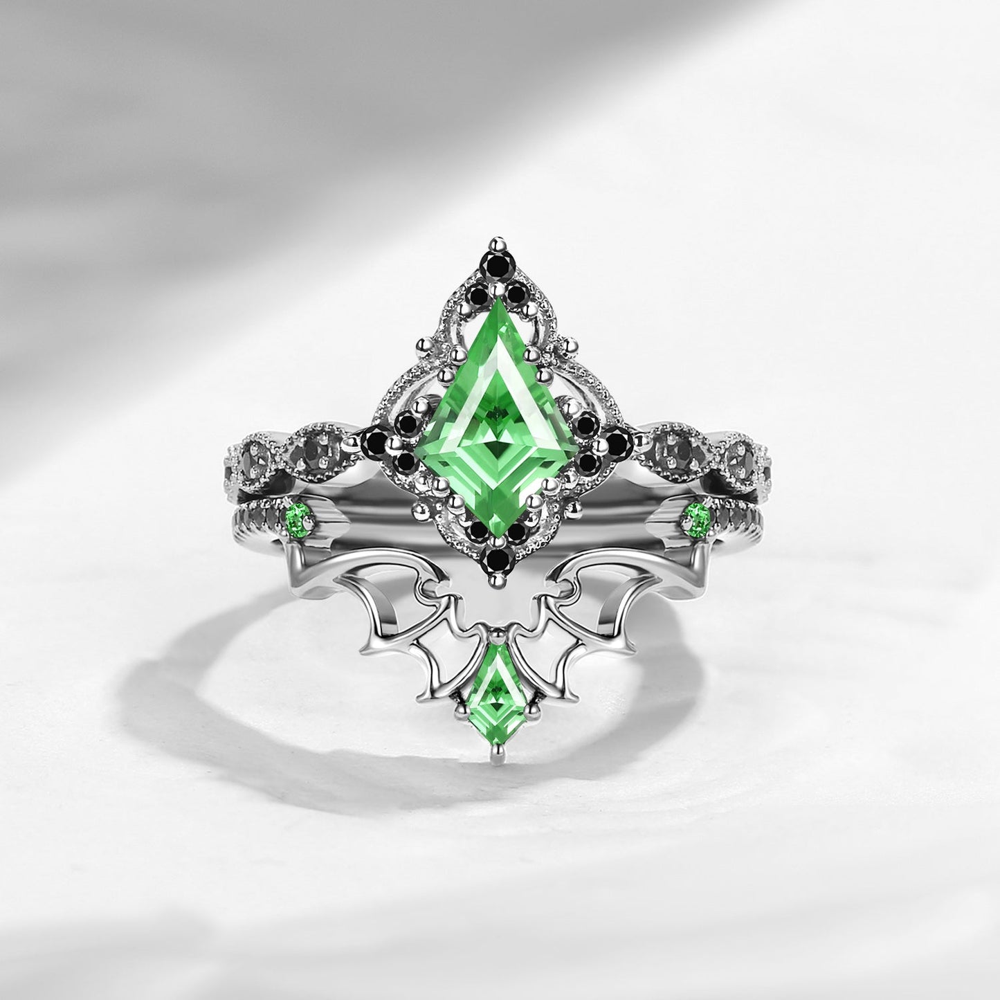 Gothic Inspired 'Dark Romance' Kite Cut Lab Tsavorite Black Gold Engagement Ring Set 2pcs