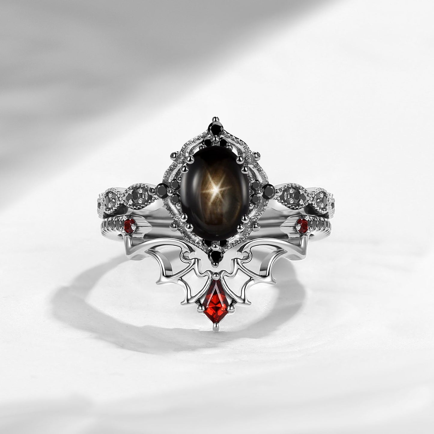 Gothic Bat Inspired Oval Natural Black Star Sapphire Black Gold Engagement Ring Set 2pcs - 'Dark Romance'
