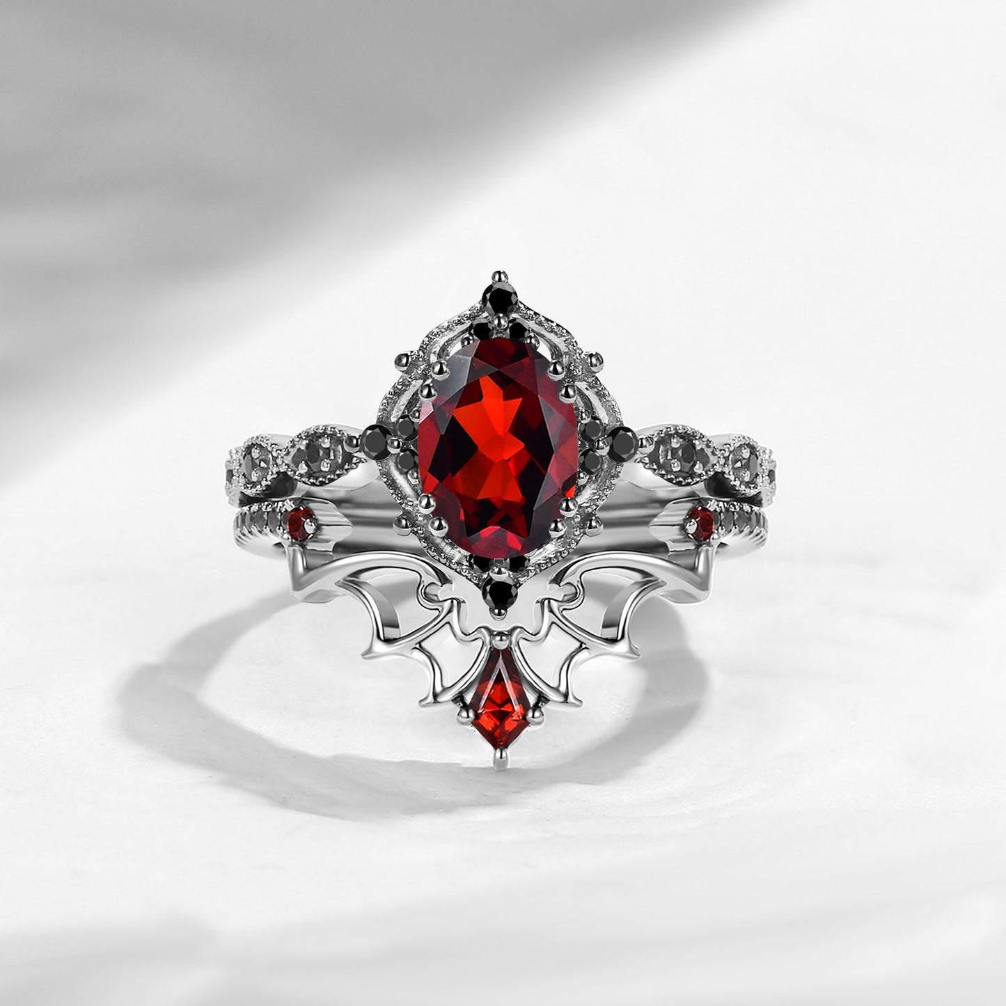 Gothic Inspired 'Dark Romance' Oval Cut Garnet Black Gold Engagement Ring Set 2pcs