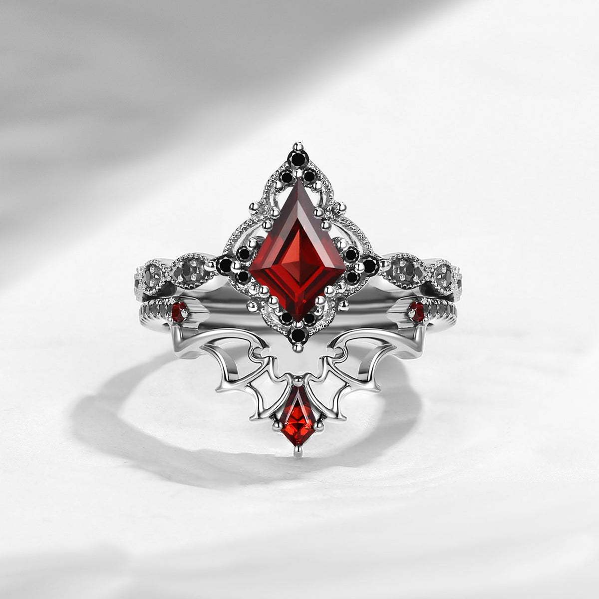 Gothic Inspired 'Dark Romance' Kite Cut Garnet Black Gold Engagement Ring Set 2pcs