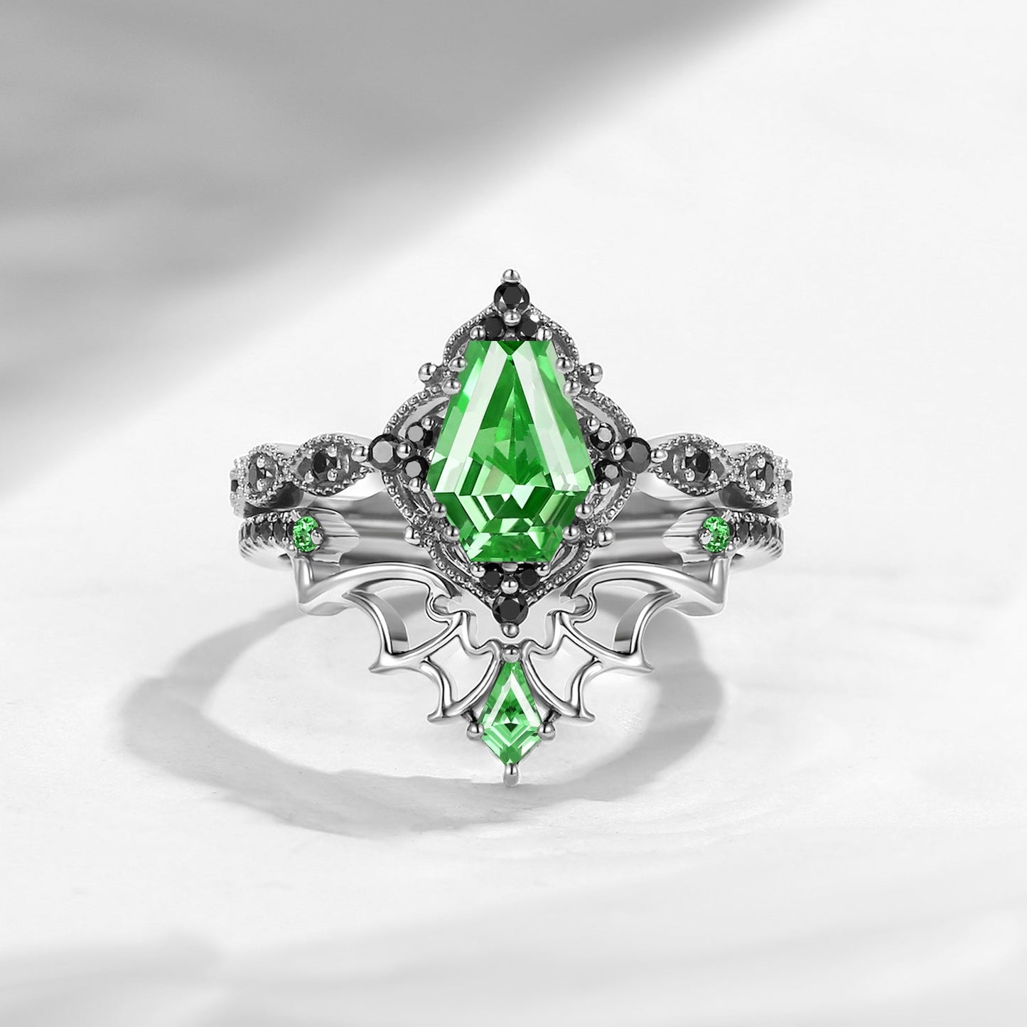 'Dark Romance' - Gothic Coffin Cut Lab Tsavorite Engagement Ring Set with Bat Wings in Black Gold - Bat Ring