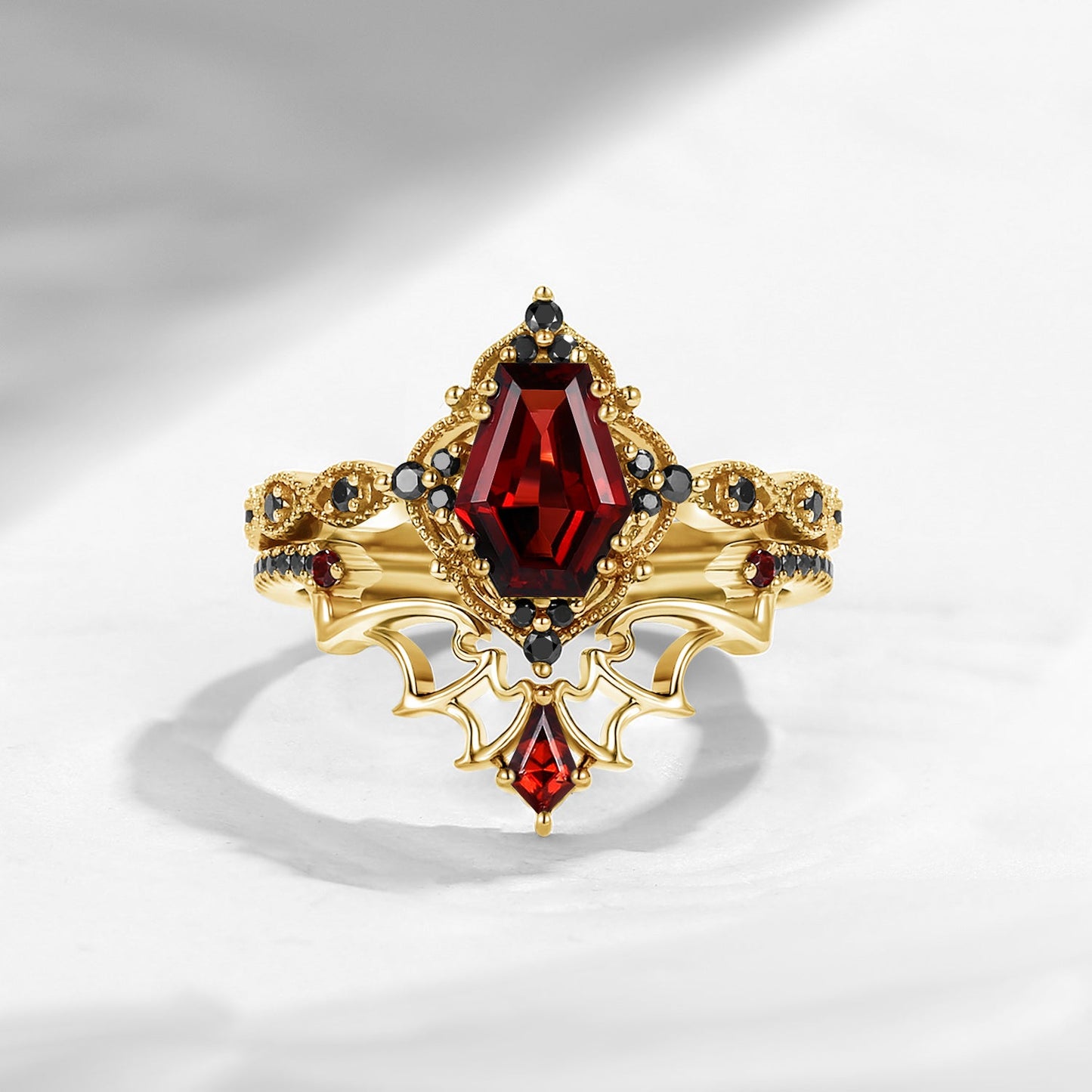 'Dark Romance' - Gothic Coffin Cut Garnet Engagement Ring Set with Bat Wings in Black Gold - Bat Ring