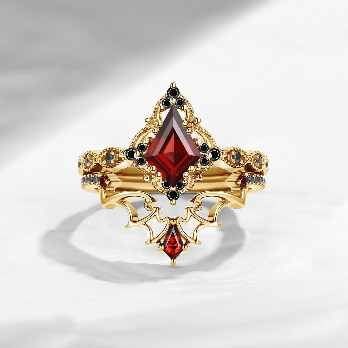 Gothic Inspired 'Dark Romance' Kite Cut Garnet Black Gold Engagement Ring Set 2pcs