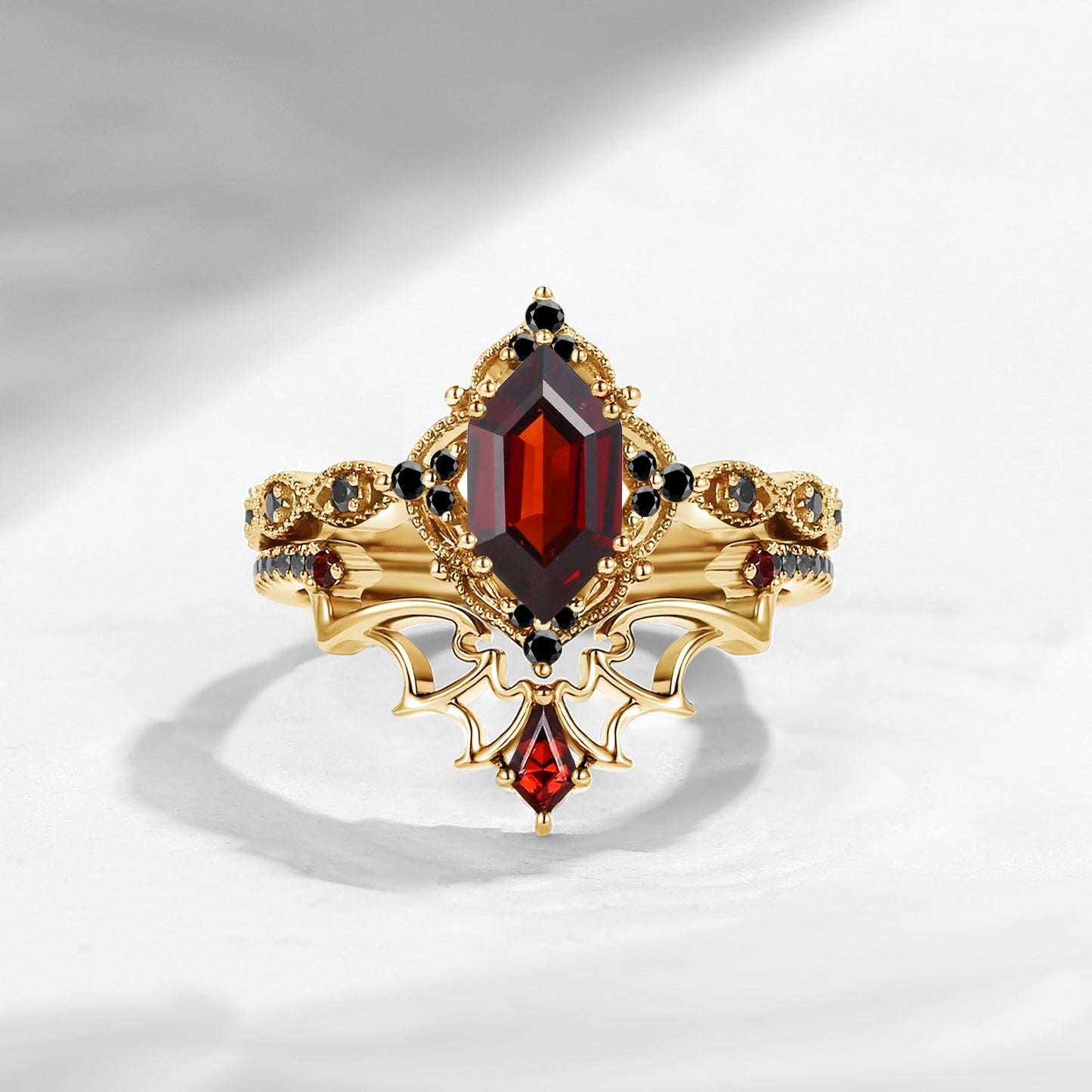 Gothic Inspired 'Dark Romance' Long Hexagon Cut Garnet Black Gold Engagement Ring Set 2pcs